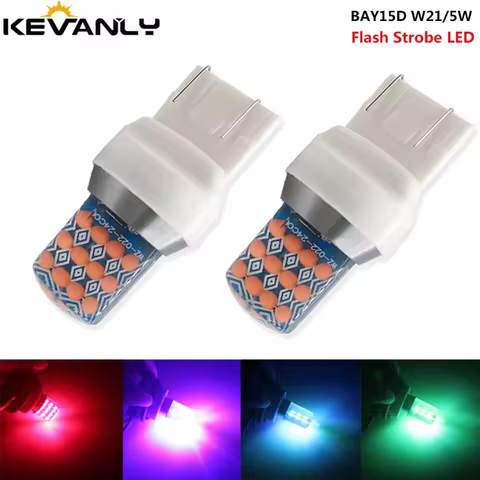 2PCS Strobe Flash RGB led T20 7443 W21/5W 1157 BAY15D COB Chips Car Flash Brake Bulbs Lights Reverse