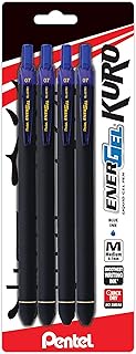 Pentel EnerGel Kuro Liquid Gel Pen, (0.7mm) Medium line, Rubberized Barrel, Refillable Blue Ink, 4 Pack