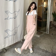 MERAH Xj0075 Pink Denim Overalls Korean Version Women Loose Small Waist Straight Leg Jumpsuit