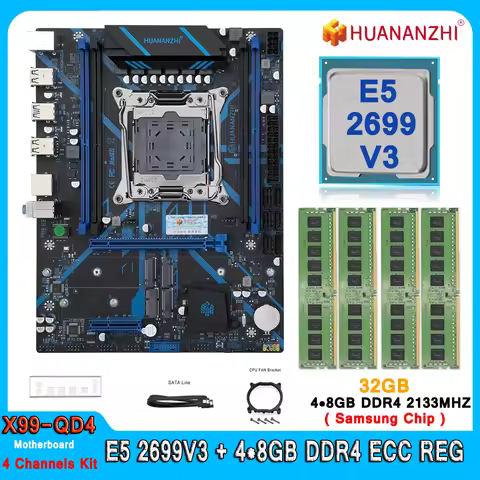 Huananzhi X99 QD4 Gaming Motherboard Kit with Xeon E5 2699 V3 DDR4 32GB(4*8GB) 2133MHz RAM Dual Chan
