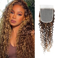 ALHER Water Wave Honey Blonde Highlight 4x4 Closure 16 Inch, 12A P4/27 Honey Brown Ombre Colored Wet