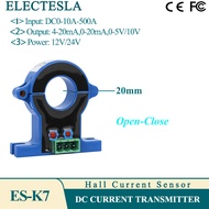 หม้อแปลงกระแสตรงเครื่องส่งกระแสไฟฟ้าฮอลล์4-20mA DC0-10A-500A 0-20mA เอาต์พุต0-5V/10V 20มม. เครื่องส่