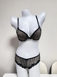 (Size: 36B) 特價 Last set 現貨原裝-Victoria's Secret PINK MMJ - Cool Sexy Fish net lace Black  push up bra set with match Sexy lace panties 維密黑色內衣套裝