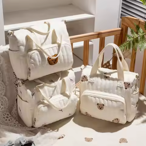 Korean Style Mummy Bag Bear Embroidery Quilted Embroidered Shoulder Bag Baby Care Storage Flower Bab