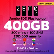 Zero1 Jumbo IDD Plus Top-Up | 400GB local data | 500 mins IDD | 800 mins local Talktime | 100 local 