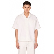 Cuban collar boxy short SHIRT - BEUTER APPLIQUÉ BUTTON UP SHIRT - WHITE