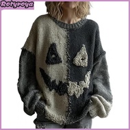 Halloween Spooky Face Sweater for Women Patchwork Print Knit Sweater Top Long Sleeve Crewneck Stitch
