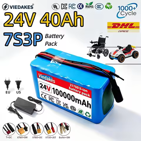 7S3P-10P 18650 New 24V 10Ah 15Ah 20Ah 25Ah 30Ah 35Ah Lithium Battery Pack 750W With BMS +29.4V Charg