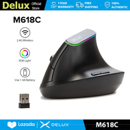 Delux M618C Wireless Vertical Mouse Ergonomic 6 Buttons MAX 1600DPI Optical 3D Mice With RGB light M