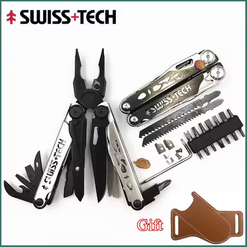 SWISS TECH 37 In 1 Multitool Pliers EDC Folding Multi Tool Scissors With Replaceable Saw Blade Outdo