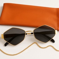 Women Hexagonal Gold Frame Sunglasses Uv Protection Eyewear With Chain Pouch Summer Fashion Shades