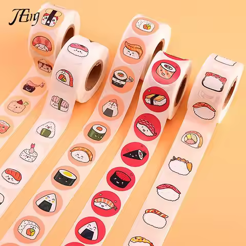 1Roll 2.5cm/1inch Circular Cartoon Sushi Pattern Sticker Birthday Wedding Decor Sticker Baked Desser