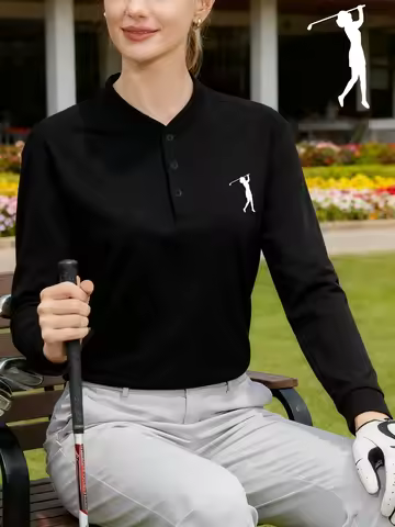 A Female Golfer Prints Women Henley Shirt Cotton Autumn Long Sleeved Tops Sporty Warm T-Shirts Basic