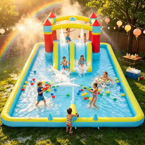 14ft x 11.4ft Inflatable Water Slide Bounce House with 350W Blower, 7-in-1 Blow up Water Slides for 