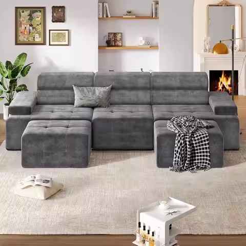 134" Boneless Couch with Ottoman & Higher Backrest, Modular Sectional Sofa for Living Room, Corner C