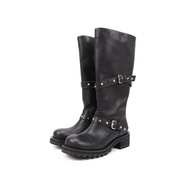 Asthershop原創 圓頭鉚釘裝飾長筒機車靴 朋克風粗跟厚底長靴女