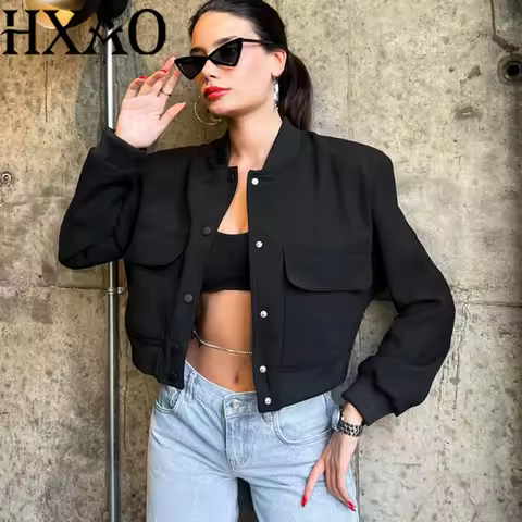 HXAO Women's Jackets Coat Demi-Season New In Bomber Jackets Long Sleeve Cropped Black Jacket Button 