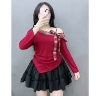 Women's Big Size Off-Shoulder T-shirt Set in Checkered Fabric with Double Foam Flared Skirt A333+CV4