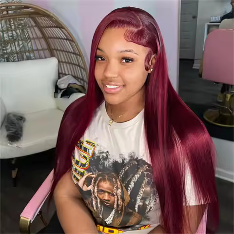 99J Color Burgundy Straight Hair Glueless Human Hair Lace Wig Pre Plucked Straight 13x4 HD Transpare