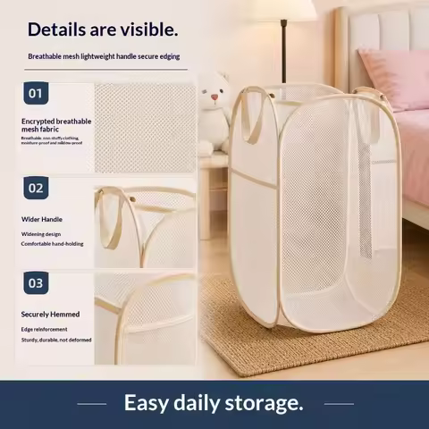 Large Capacity Foldable Mesh Laundry Basket Pop-up Breathable Dual Handles Family Daily Dirty Clothe
