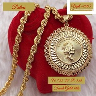 18K Saudi Gold Rope Chain with Queen Elizabeth Cameo Pendant Pawnable