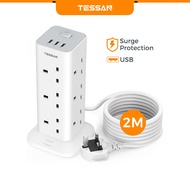 TESSAN Extension Socket Multi Plug Towe Power Strip 2M Extension Cord with 3 USB ,Extension Plug