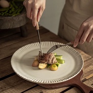 11-inch Beige Textured Ceramic Tableware Flat Pasta Plate Brunch Plate Steak Plate Dinner