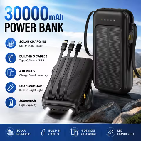 30000mAh Portable Power Bank Can Be Solar Charge Mobile Power 4 in 1 Built-in Charge Cable Compatibl