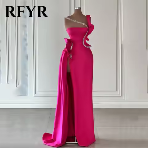 RFYR Fuchsia Stain Mermaid Prom Dresses Side Split Party Dresses Strapless One Shoulder Glitter Wedd