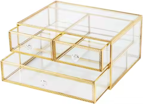 Gold Glass Box Makeup Organizer, Glass Jewelry Drawer, Vintage Jewel Organizer, Desktop Cosmetic Sto