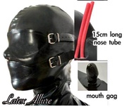 Full 100 Latex Rubber Hood Cover with Long Nose Dental Mouth Tube Gag Removable Eyes and Mouth Open Mask Mouth Zipper Back