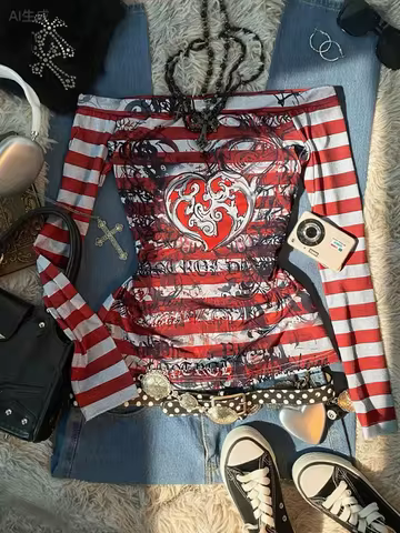 Women's Y2K Sweet 2000S red angel heart print, striped one shoulder long sleeve T-shirt, suitable fo