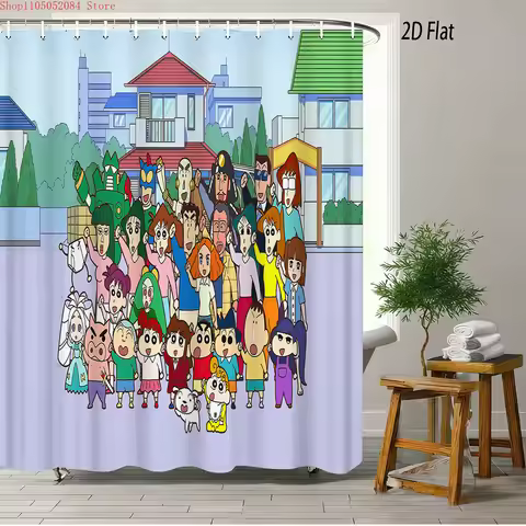 Crayon Shin-chan All Characters 2D Print Waterproof Shower Curtain, Anime Bathroom Decor with Hooks