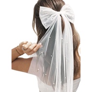 Bridal Veil Bachelorette Party Veil White Bow Wedding Veil Elegant Tulle Layer Hair Clip for Women a