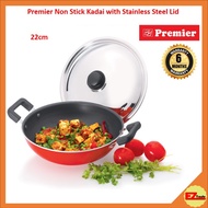 Premier Non Stick Kadai Wok with Stainless Steel lid - 22cm