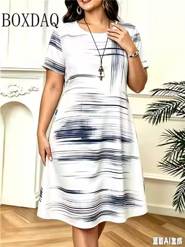 Dresses For Women 2026 New Summer Tie Dye Striped Short Sleeve O-Neck Women Dress Print Loose Short 