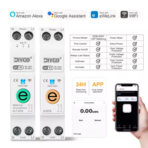 eWeLink 1P+N 63A Smart WIFI Circuit Breaker DGB-63E Power Metering Protector Voice Remote Switch Ene