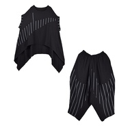 XITAO Irregular Striped Print Sets Patchwork O-neck Short Sleeve Loose Slimming Elastic Waist Two-pi