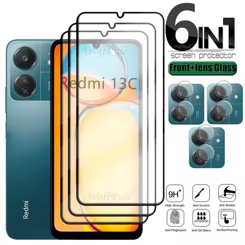 6-in-1 For Redmi 13C Glass Redmi 13C Tempered Glass Full Cover Glue 9H Phone Film Screen Protector X