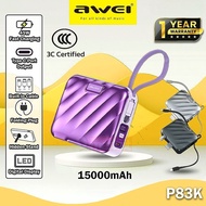 【3C Certified】Awei P83K 15000mAh 45W Power Bank Built In Cable Powerbank with Wall Plug Power Bank