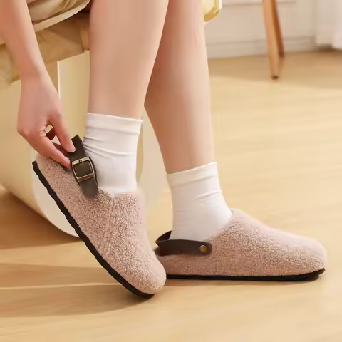 Shevalues Winter Fur Clogs Slippers For Women Comfortable Arch Support Fleece Mules with Adjustable 
