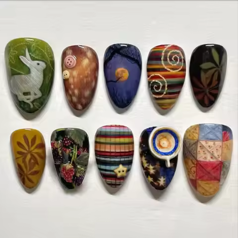 24pcs Vintage Plaid Printed Press On Nails Moon Shadow Strawberry Rabbit Y2k Star False Nails Glossy