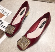 Solid PU Leather Rhinestone Metal Decoration Wedding Shoes Vintage Slip-On Square Toe Women Shoes Li