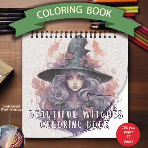 Coloring Book - 7.87x 7.87 inches 32 pages of beautiful witch coloring book - perfect gift for famil