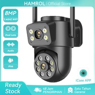 Hamrol Kamera CCTV IP66 Keamanan Luar Ruangan 8MP Dual Lensa dengan Audio Dua Arah dan Pencahayaan M