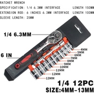 12pcs 1/4 Inch 6.3MM Ratchet Socket Wrench Set, Drive Socket Set with 10 Sockets 4-13mm and 2 Way Qu