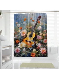 1 pieza Cortina de ducha de impresión digital con óleo de guitarra floral botánica y decoración de follaje verde