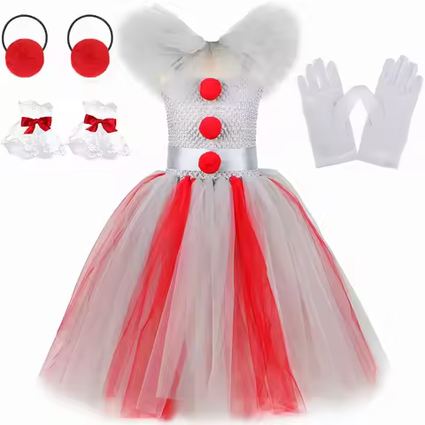 Scary Clown Pennywise Costume for Girls Halloween Tutu Dress Long Kids Carnival Party Creepy Grey Jo