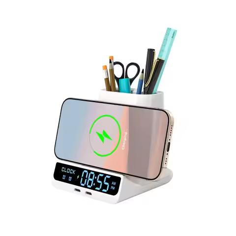 Wireless Charger Pen Holder&Alarm Clock Desktop Type C Port Charge for iPhone 17~12 Pro Max Samsung 