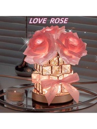 1個usb插頭桌燈,玫瑰水晶桌燈,無線玫瑰桌燈,3色可調花燈,浪漫led玫瑰燈,適用於臥室和客廳裝飾,情人節生日禮物(粉色/藍色)